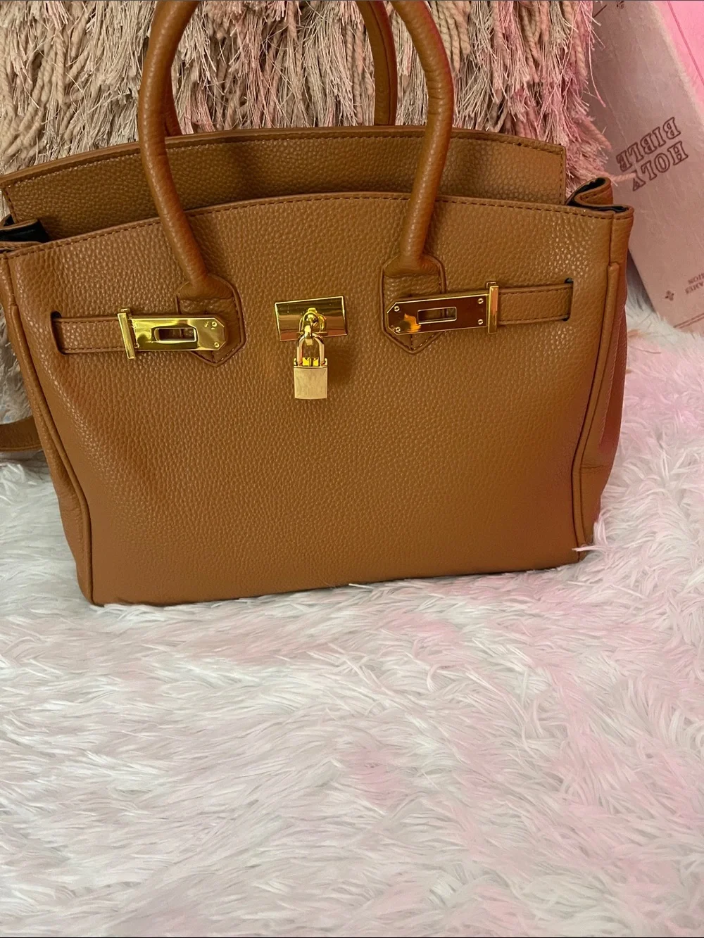 Classic Tan Leather Satchel Handbag with Gold Hardware